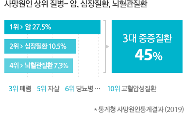 대한민국 사망률 상위3위 암,심장질환,뇌혈관질환,2019년통계청사망원인통계